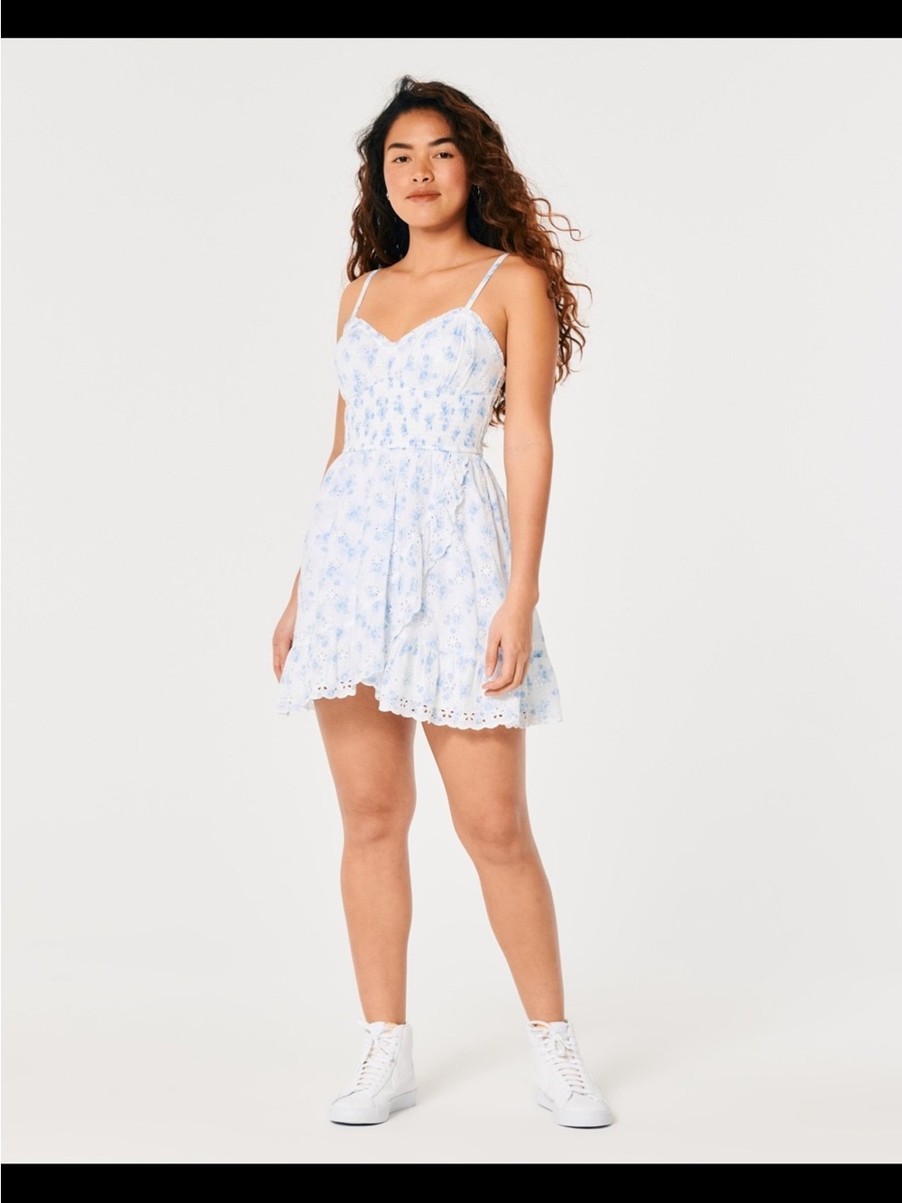 Hollister Light Blue Floral Mini Dress with Eyelet Trim